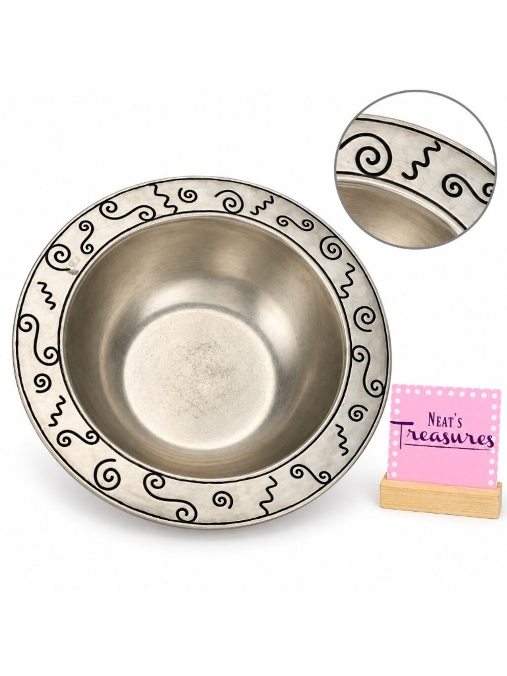 Vintage Wilton Armetale PIZZAZZ Pewter Squiggly Designs Round Large Rim Bowl